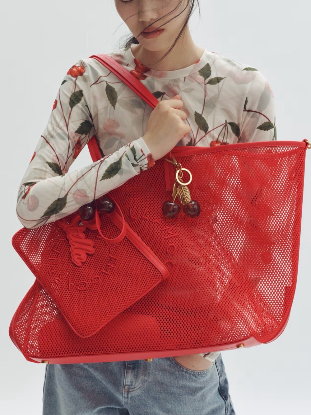 H&M Stella McCartney large red mesh tote bag